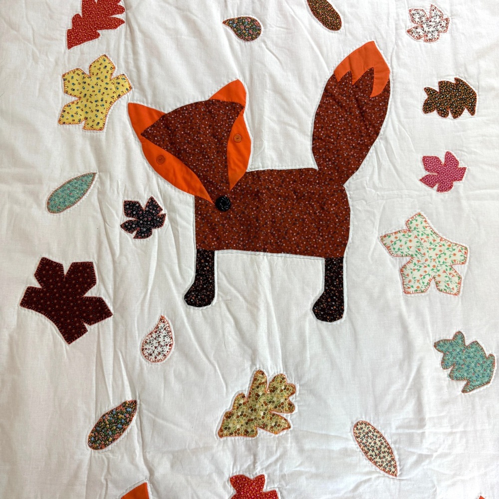 Handmade Fox Appliqué Quilt Throw Fall Farmhouse Nursery Woodland vintage New - Picture 2 of 10